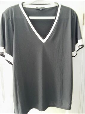 Black V-Neck Top with White Trim